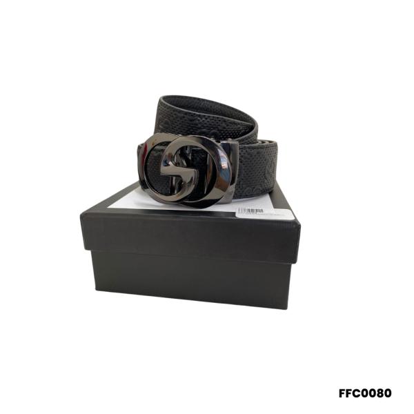 FAJA NEGRO/LABRADO MARCA GUCCI HEBILLA GG/NEGRO-PLATEADO REDONDO ESTAMPADO PEQUE&Ntilde;O