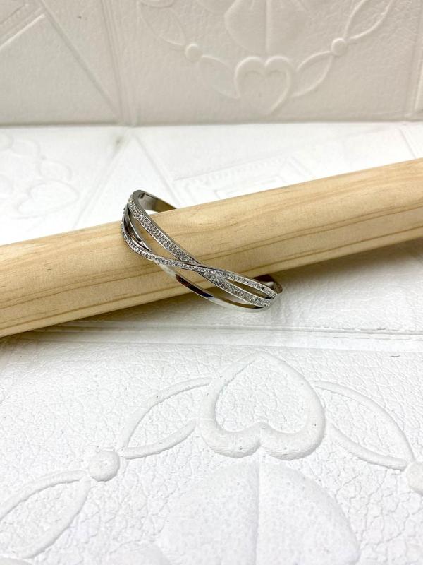 PULSERA DE ACERO RIGIDA DISE&Ntilde;O  PERLAS PLATEADO