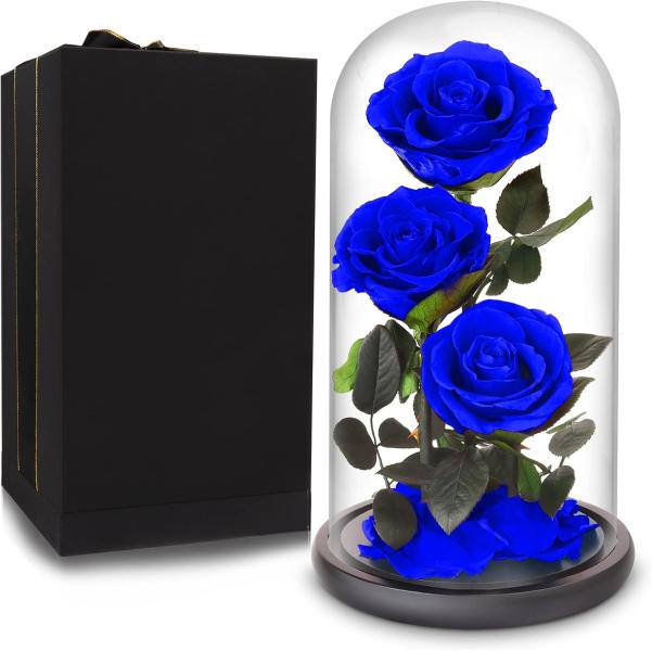 3 ROSAS REALES PRESERVADA EN DOMO  M AZUL