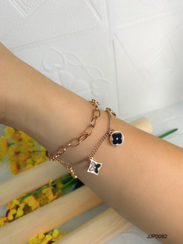 PULSERA DE ACERO DOBLE ORO ROSA FLORES NEGRA/LV