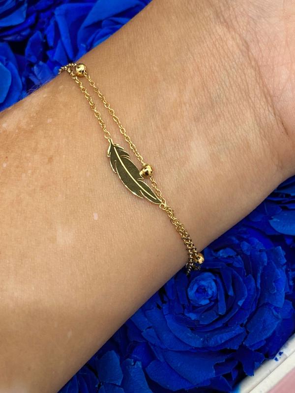 PULSERA DE ACERO DOBLE DORADA DOBLE PLUMA