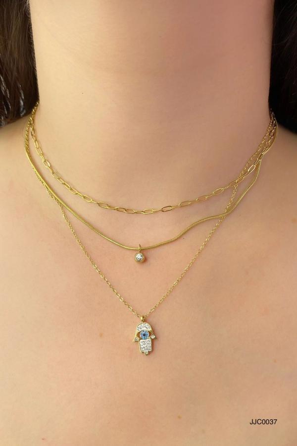 COLLAR ACERO TRIPLE DORADO MANO FATIMA