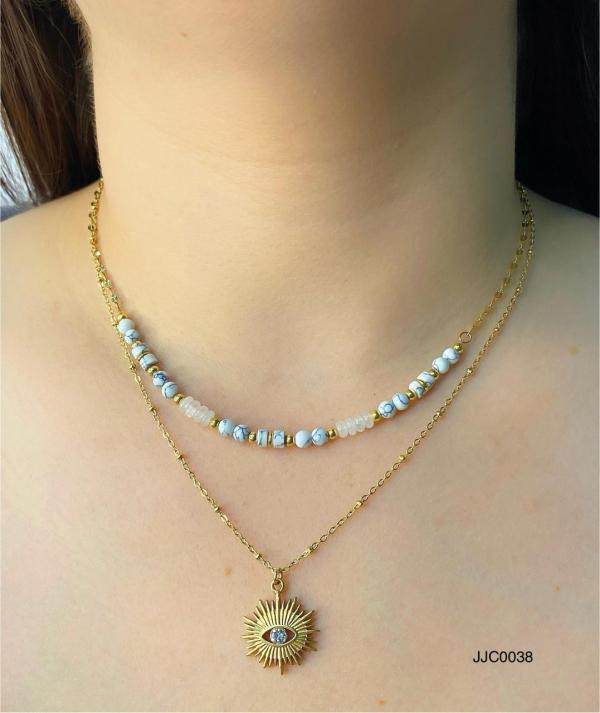 COLLAR ACERO DORADO DOBLE OJO TURCO/ BLANCO