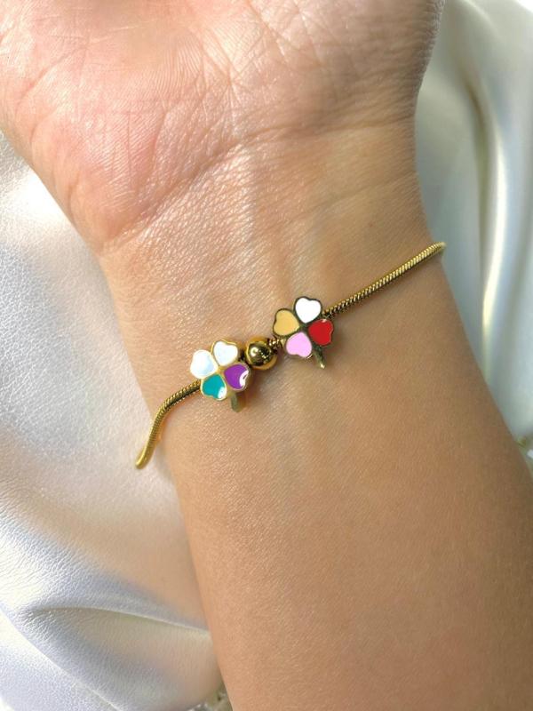 PULSERA DE ACERO DORADA TREBOL COLORES