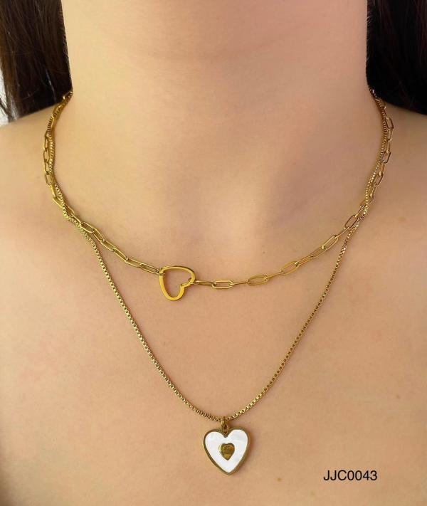 COLLAR ACERO DOBLE DORADO CORAZONES BLANCO/DORADO