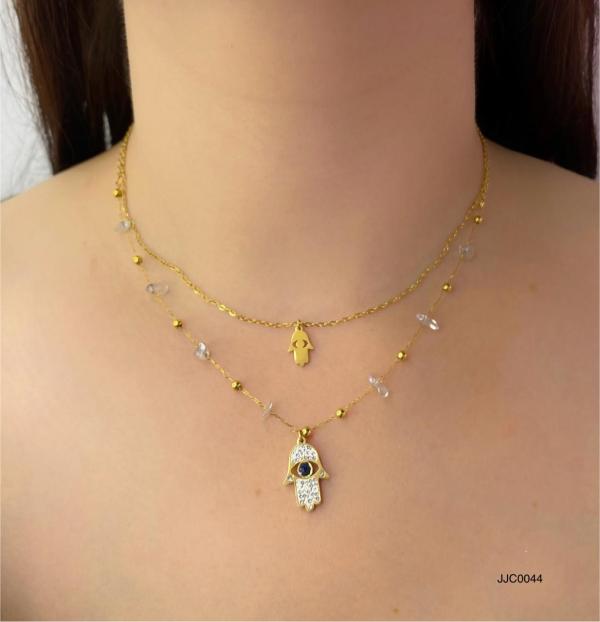 COLLAR ACERO DOBLE DORADO MANO FATIMA PIEDRAS