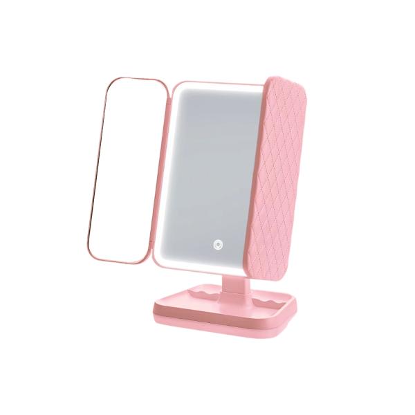 ESPEJO 3 CARAS PLEGABLE 180&deg; CON LUZ LED Y AUMENTO ROSADO