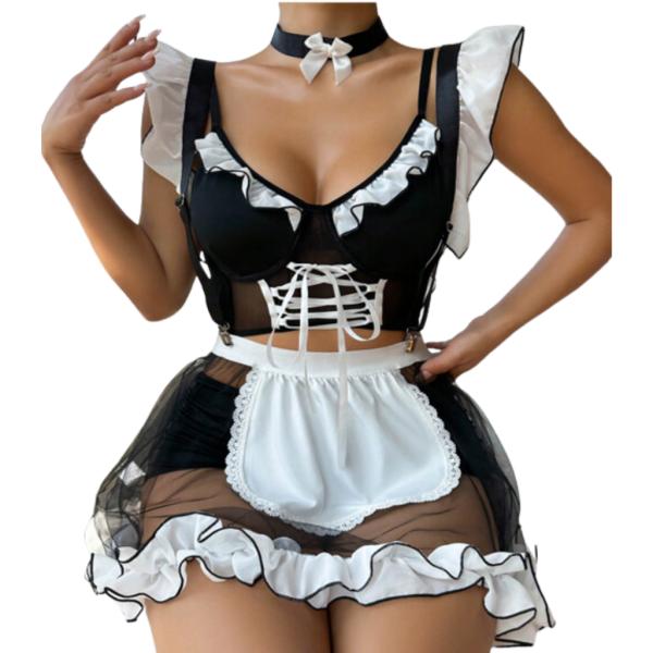 DISFRAZ LENCERIA DISE&Ntilde;O SIRVIENTA YUMMY MODELO 15066 BLANCO/NEGRO TALLA UNICA