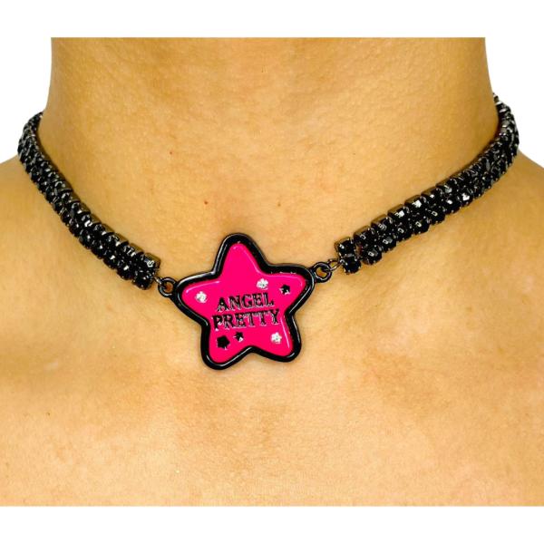 GARGANTILLA CADENA DIAMANTES NEGRO DISE&Ntilde;O ESTRELLA ROSADA