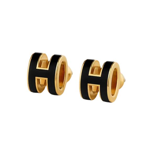 ARETES DE ACERO DORADO HERMES DISE&Ntilde;O H NEGRO
