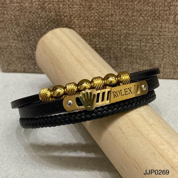 PULSERA DE CUERO TRIPLE ROLEX DORADA