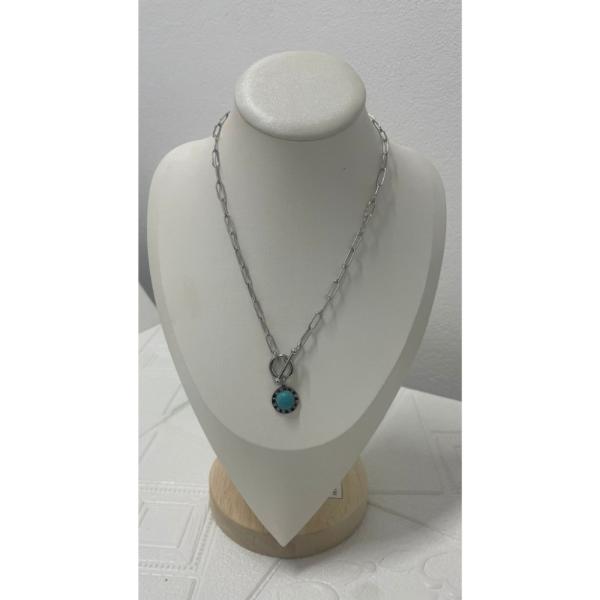 COLLAR DE ACERO DISE&Ntilde;O CADENA PLATEADO/TURQUESA