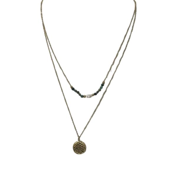 COLLAR DE ACERO DISE&Ntilde;O  DOBLE DORADO/PIEDRITAS TURQUESA