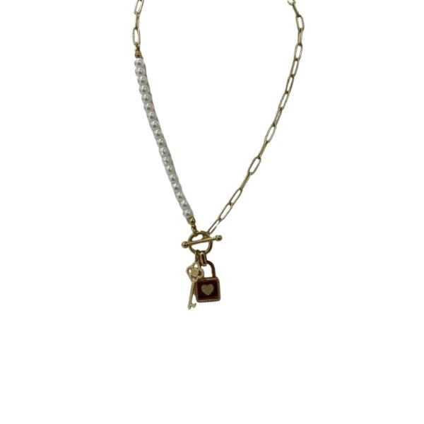 COLLAR DE ACERO DISE&Ntilde;O PERLAS CANDADO DORADO