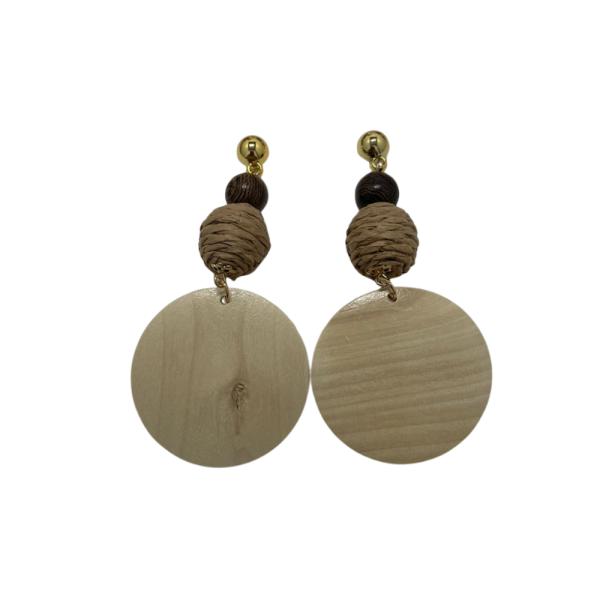 ARETES DE MADERA Y MIMBRE DISE&Ntilde;O CIRCULOS Y BOLITAS BEIGE/CAFE