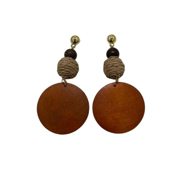 ARETES DE MADERA Y MIMBRE DISE&Ntilde;O CIRCULO Y BOLITAS CAFE/NARANJA