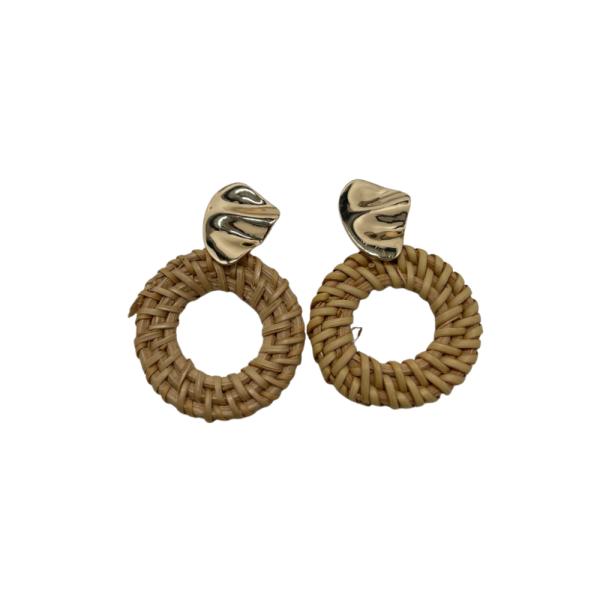 ARETES DE MADERA CIRCULO MIMBRE DISE&Ntilde;O GEOMETRICO BEIGE/DORADO