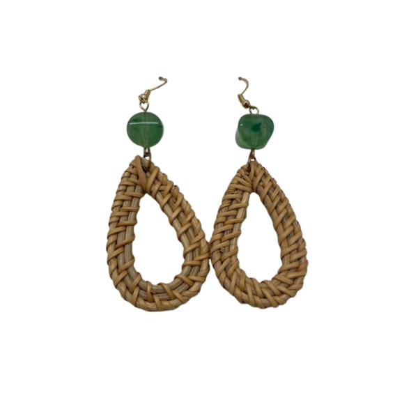 ARETES DE MADERA GOTA MIMBRE Y JADE BEIGE/VERDE