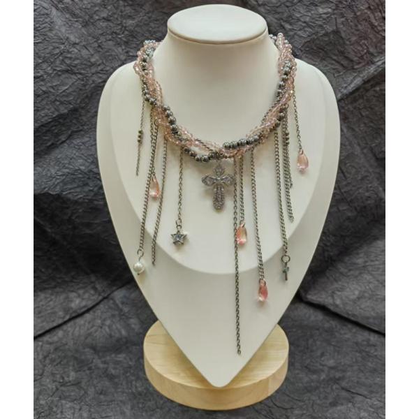 COLLAR GRUNGE ABALORIOS ROSADOS DIJE CRUZ PLATEADO