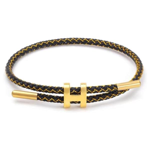 PULSERA AJUSTABLE DE CUERDA HERMES NEGRO/DORADO