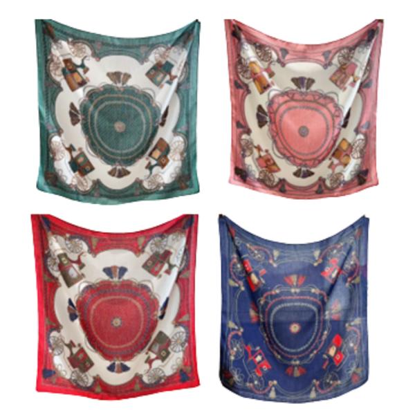 BANDANA 90x90 CON ESTAMPADO DE CARRUAJES VERDE